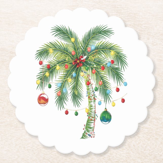 Tropical Christmas Palm Tree with Lights and Ornam Paper Coaster (Front)