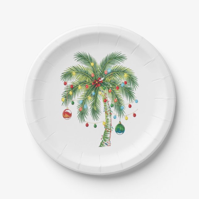 Tropical Christmas Palm Tree with Lights and Ornam Paper Plate (Front)