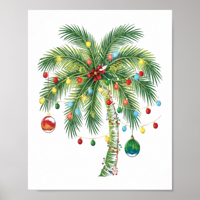 Tropical Christmas Palm Tree with Lights and Ornam Poster (Front)