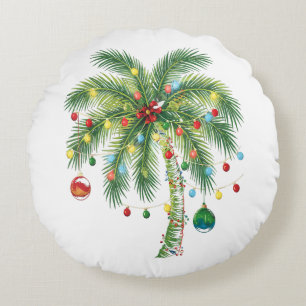 Tropical Christmas Palm Tree with Lights and Ornam Round Cushion