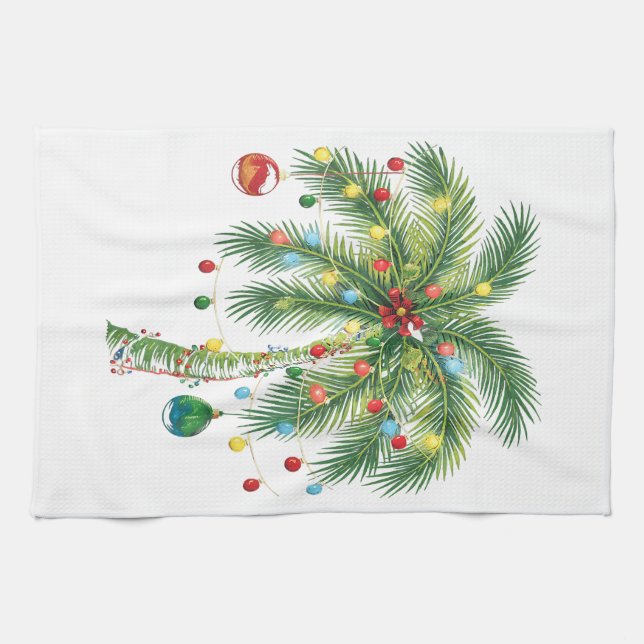 Tropical Christmas Palm Tree with Lights and Ornam Tea Towel (Horizontal)