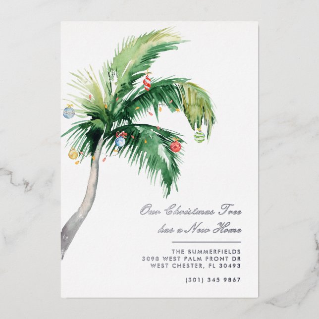 Tropical Christmas Palm Tropical Moving Silver Foil Holiday Card (Front)