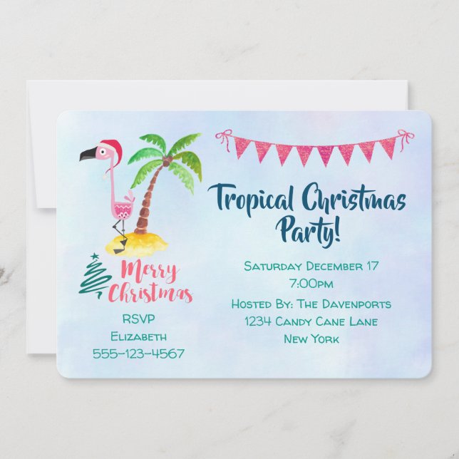 Tropical Christmas Party Pink Flamingo Invitation (Front)