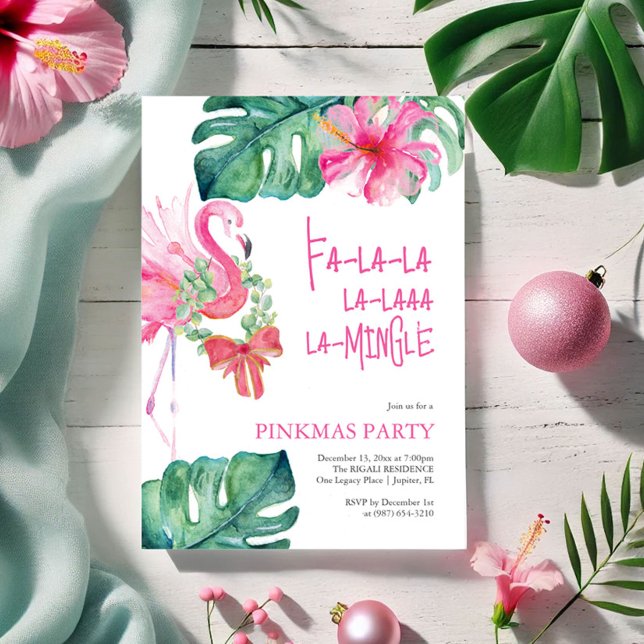 Tropical Christmas Party Watercolor Flamingo Holiday Card (Pinkmas Christmas invitations watercolor tropical art by Victoria Grigaliunas of Do Tell A Belle)