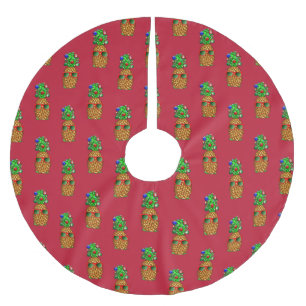 Tropical Christmas Pineapple Warm Xmas on Red Brushed Polyester Tree Skirt