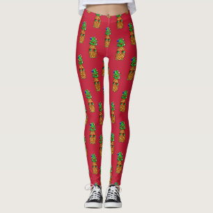 Tropical Christmas Pineapple Warm Xmas on Red Leggings