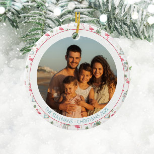 Tropical Christmas Pink Flamingo Family Photo Ceramic Tree Decoration