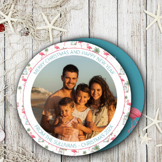 Tropical Christmas Pink Flamingo Family Photo Holiday Card