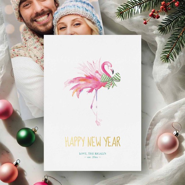 Tropical Christmas Pink Flamingo Watercolor Foil Holiday Card (Happy New Year tropical pink flamingo greeting card watercolor by Victoria Grigaliunas)