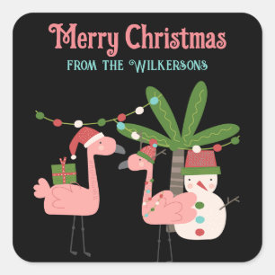 Tropical Christmas Pink Flamingos on Black Square Sticker