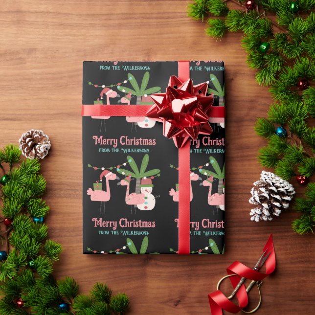 Tropical Christmas Pink Flamingos on Black Wrapping Paper (Holiday Gift)