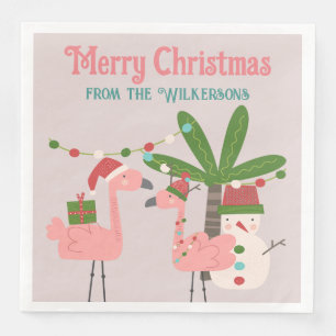Tropical Christmas Pink Flamingos on Blush Napkin