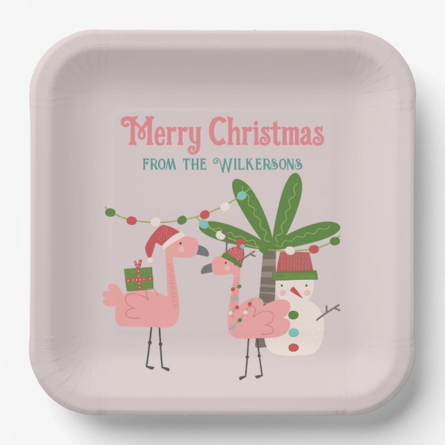Tropical Christmas Pink Flamingos on Blush Paper Plate (Front)