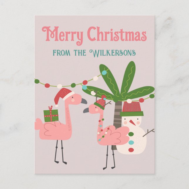 Tropical Christmas Pink Flamingos on Blush Postcard (Front)