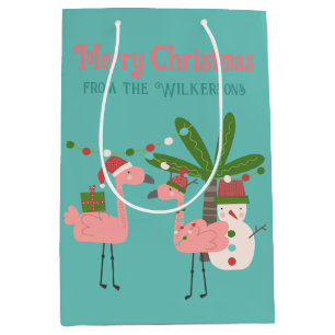 Tropical Christmas Pink Flamingos on Teal Medium Gift Bag