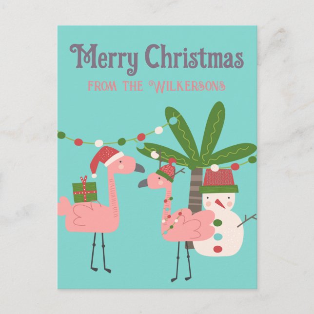 Tropical Christmas Pink Flamingos on Teal Postcard (Front)