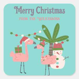 Tropical Christmas Pink Flamingos on Teal Square Sticker