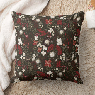 Tropical Christmas Red Sage Black Hibiscus Floral Cushion