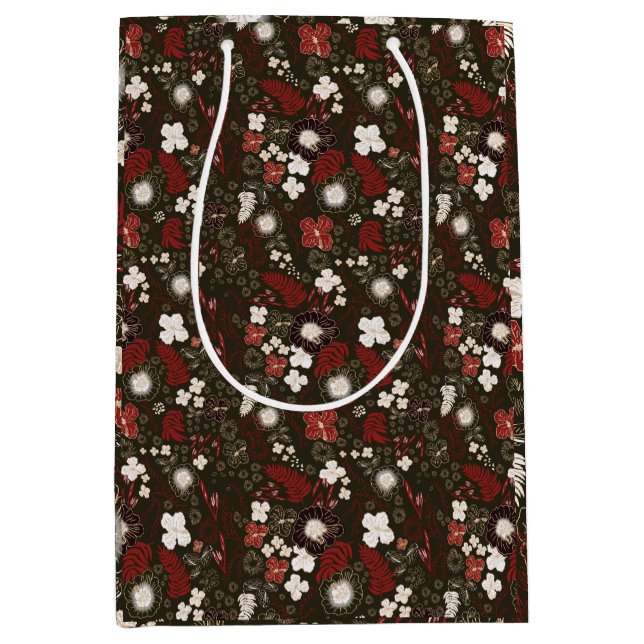 Tropical Christmas Red Sage Black Hibiscus Floral Medium Gift Bag (Front)