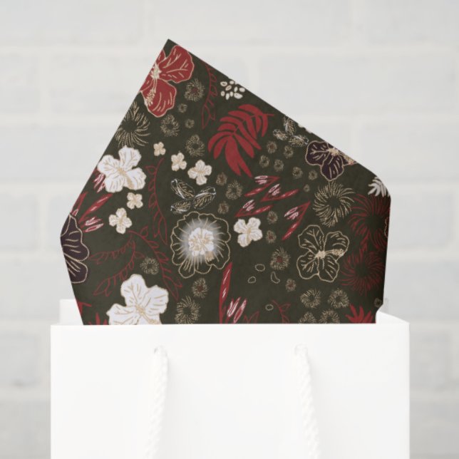 Tropical Christmas Red Sage Black Hibiscus Floral Tissue Paper (Gift Bag)