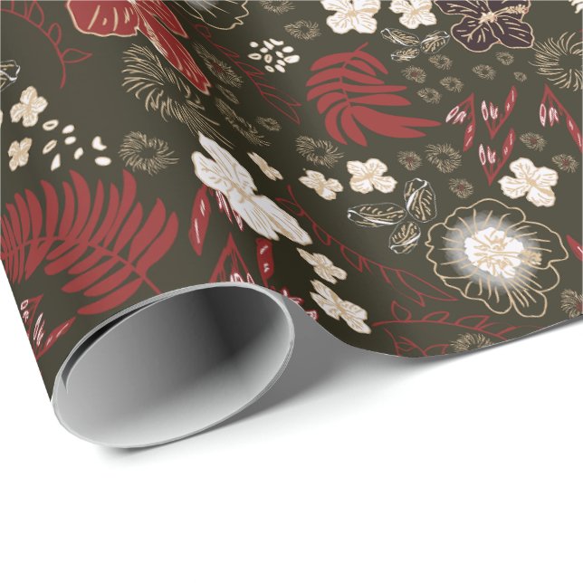 Tropical Christmas Red Sage Black Hibiscus Floral Wrapping Paper (Roll Corner)