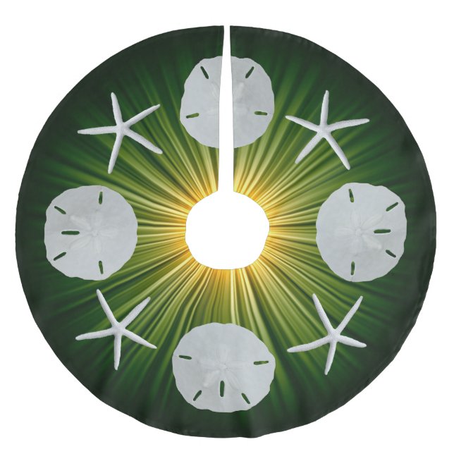 Tropical Christmas Sand Dollar Starfish Green Brushed Polyester Tree Skirt (Front)