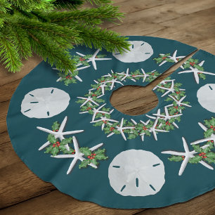Tropical Christmas Sand Dollars Starfish Teal Brushed Polyester Tree Skirt