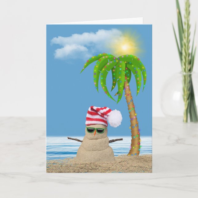 tropical Christmas sand man and palm tree Card (Front)