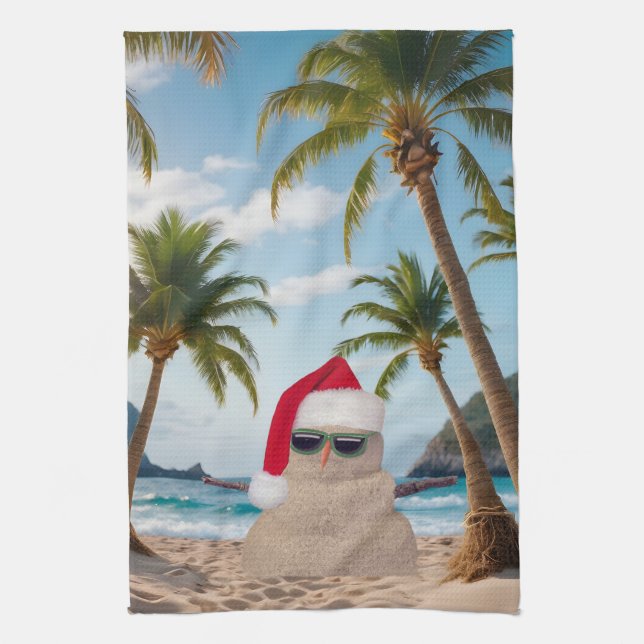 Tropical Christmas Sand Man Tea Towel (Vertical)