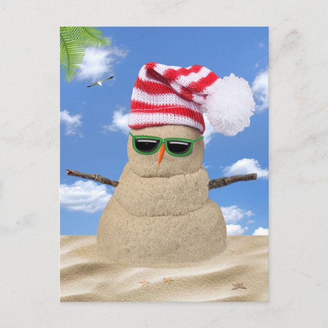 Tropical Christmas Sand Snowman  Postcard (Front)