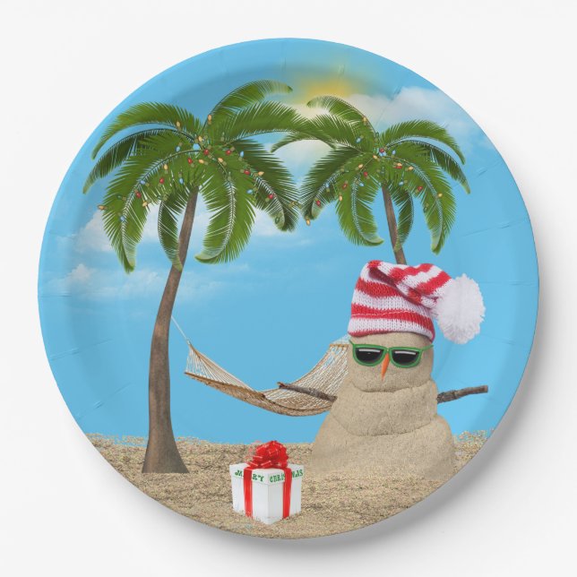 Tropical Christmas Sandman With Hammock Paper Plate (Front)
