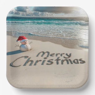 Tropical Christmas Snowman On a Beach Paper Plate