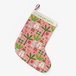 Tropical Christmas Snowmen Pink Green Personalised Small Christmas Stocking