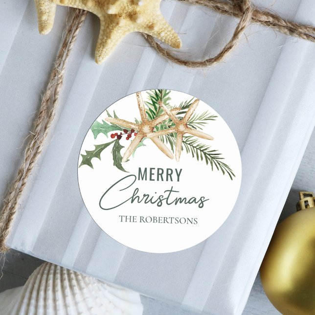 Tropical Christmas Starfish Beach Classic Round Sticker (Creator Uploaded)