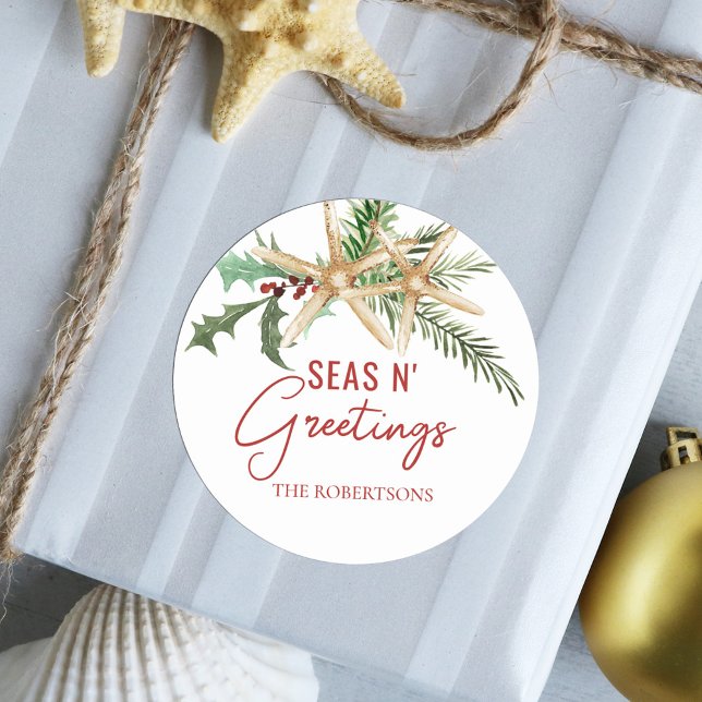 Tropical Christmas Starfish Seas N Greetings Classic Round Sticker (Creator Uploaded)