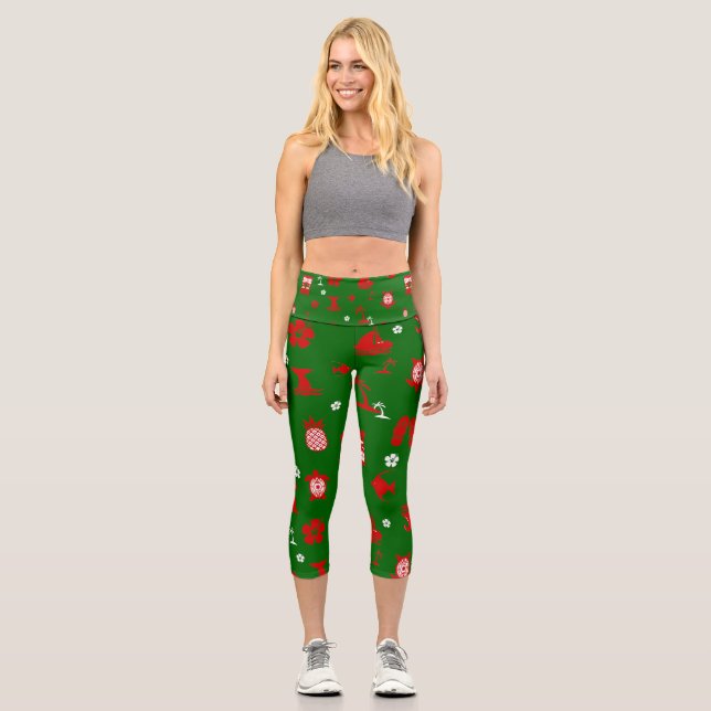 tropical christmas tiki retro green capri leggings (Front)