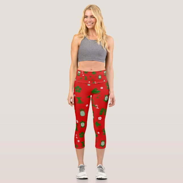 tropical christmas tiki retro red  capri leggings (Front)