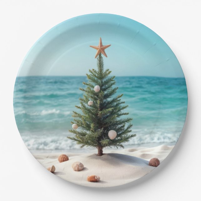 Tropical Christmas Tree On a Beach Paper Plate (Front)