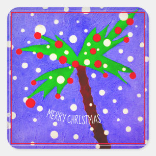 Tropical Christmas tree snow dots Merry Christmas Square Sticker
