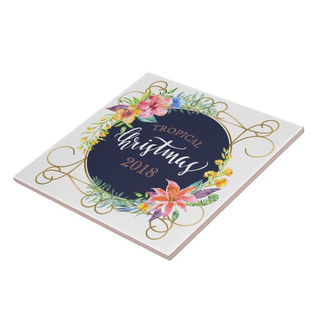 Tropical Christmas Typography & Flowers Frame Tile (Side)