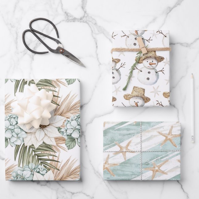Tropical Christmas Watercolor Snowmen & Starfish Wrapping Paper Sheet (Front)