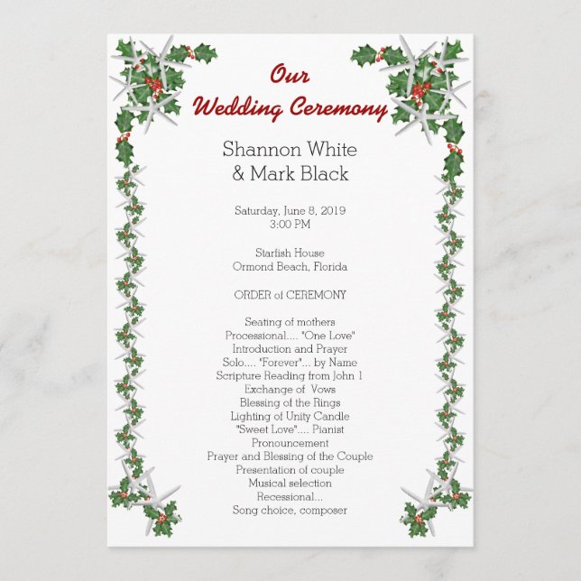 Tropical Christmas Wedding Program Starfish Holly Programme (Front)