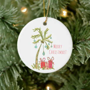 Tropical Christmas with Palm Tree Presents Coastal Ceramic Tree Decoration