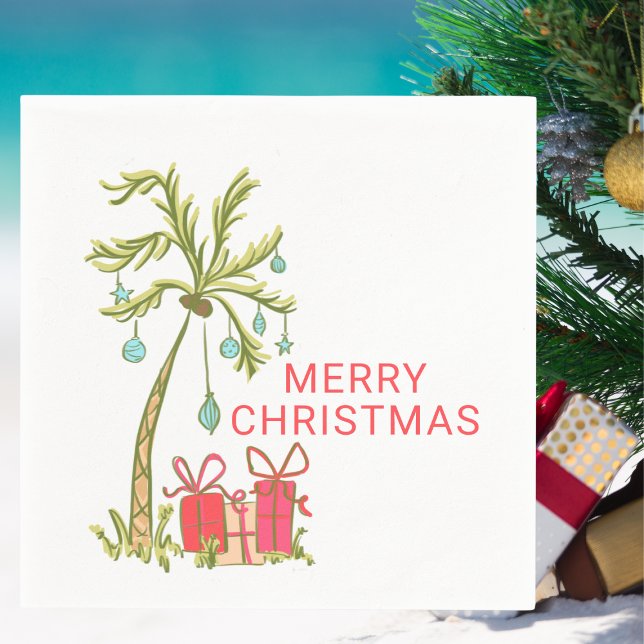 Tropical Christmas with Palm Tree Presents Coastal Napkin (Creator Uploaded)