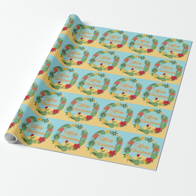   Tropical Christmas Wreath Wrapping Paper (Unrolled)