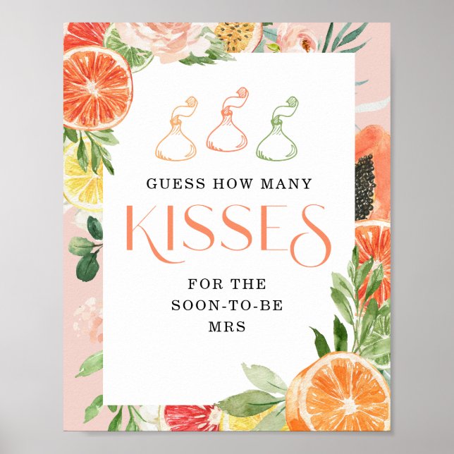 Tropical Citrus Bridal Shower How Many Kisses Sign (Front)