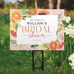 Tropical Citrus Bridal Shower Welcome Yard Sign<br><div class="desc">Greet your bridal shower guests with this beautiful yard sign. This tropical citrus design features modern elegant fonts (easily change the colours!) and a bouquet of blush florals and tropical citrus fruit including lemon,  lime,  orange,  grapefruit,  and papaya! . See the entire collection for more matching items!</div>