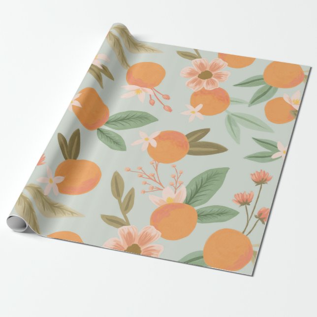 Tropical Citrus Floral Mint Green Wrapping Paper (Unrolled)
