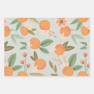 Tropical Citrus Floral Mint Green Wrapping Paper Sheet