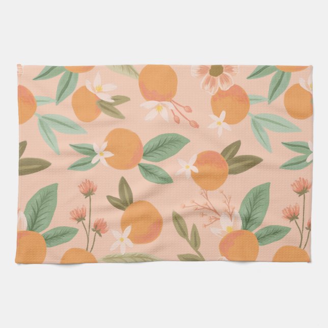 Tropical Citrus Floral Pink Tea Towel (Horizontal)